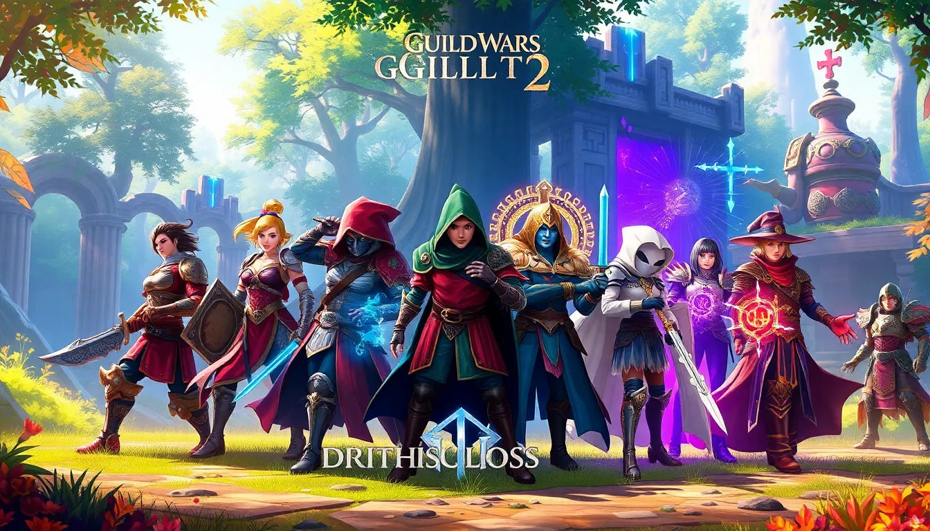 digital illustration of Guild Wars 2 professions in a fantasy landscape.