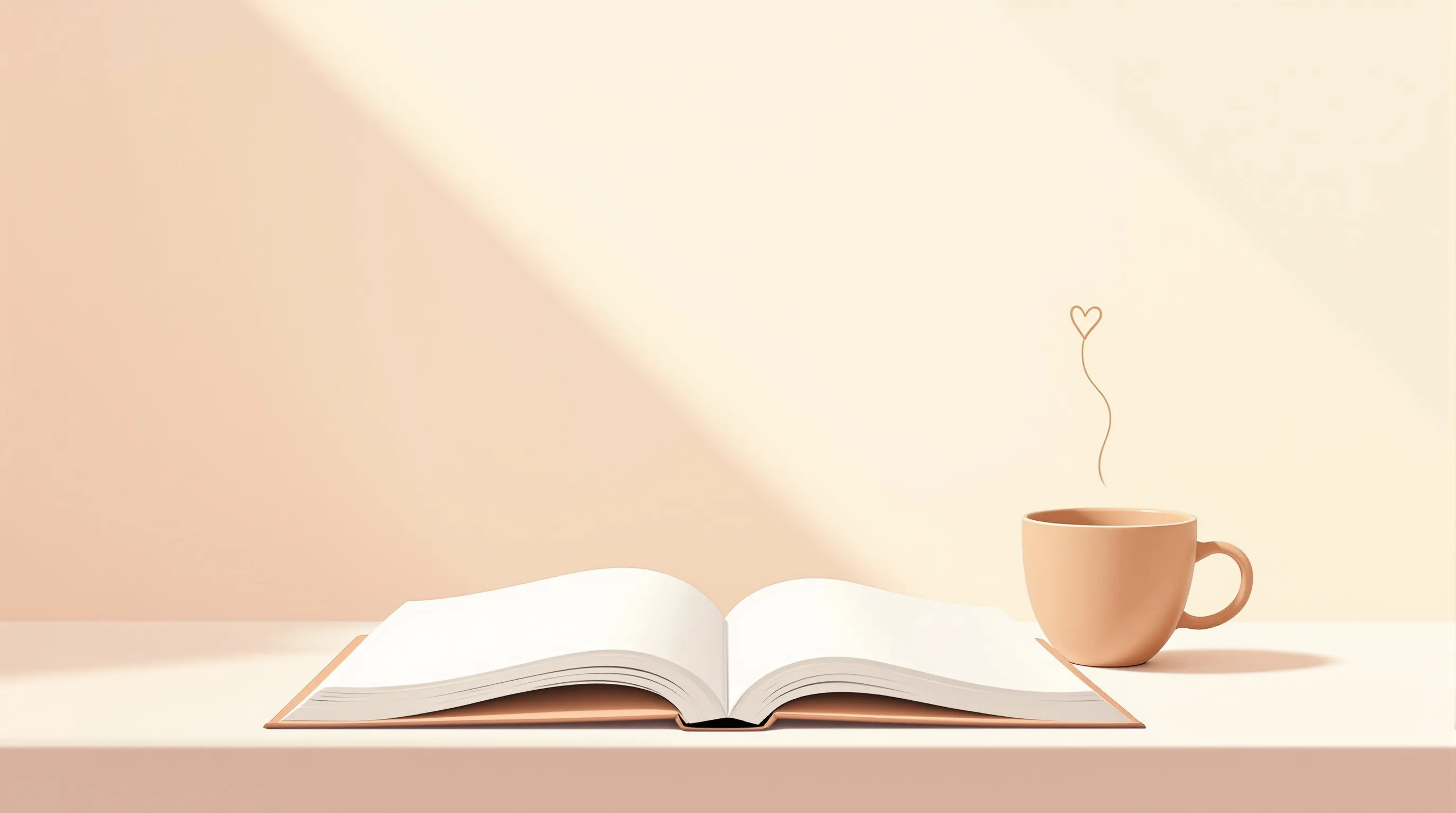 Open book and coffee cup in minimal flat illustration style on soft gradient background.