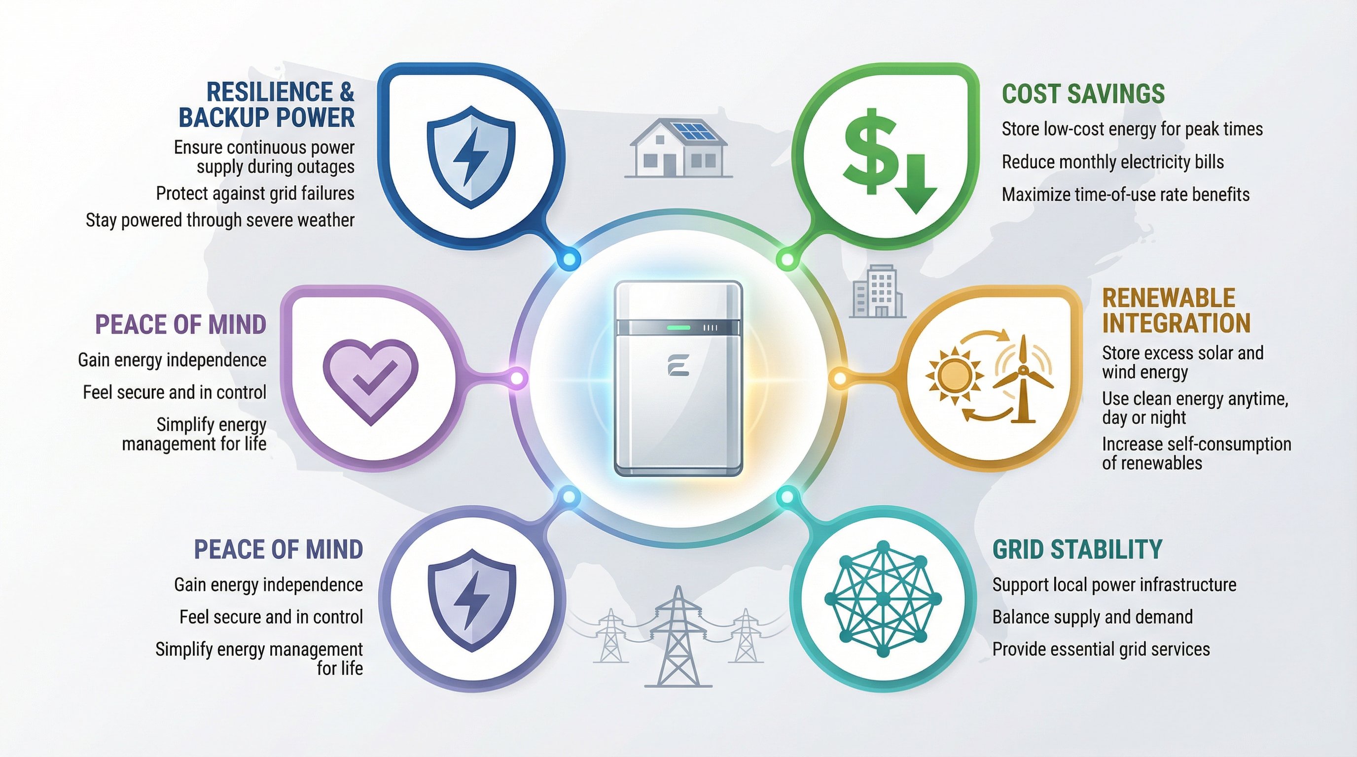 Circular infographic showing five key benefits of energy storage systems.