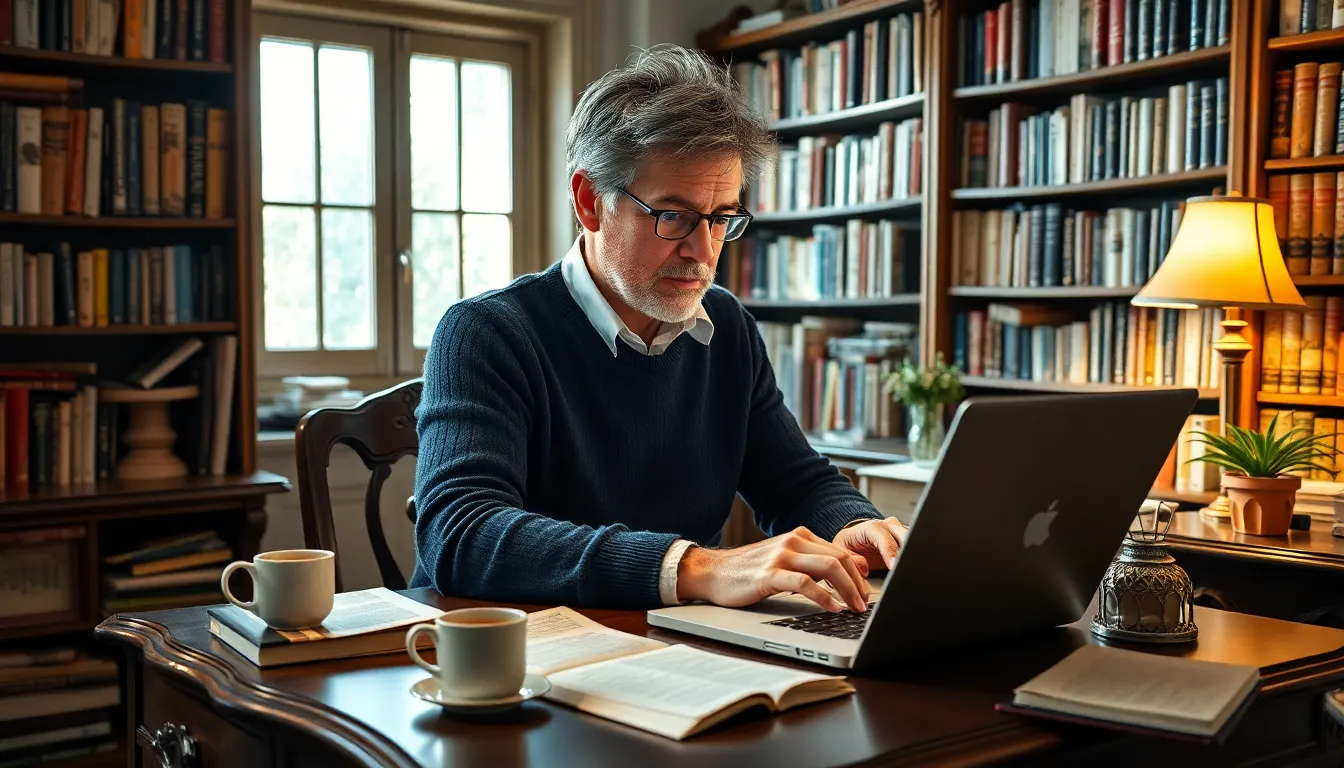 Author Ralmarin Helros writing in a cozy study surrounded by books.