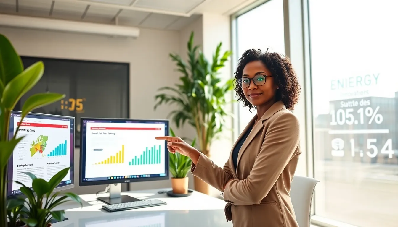 a woman analyzing energy data in a modern office with digital screens.