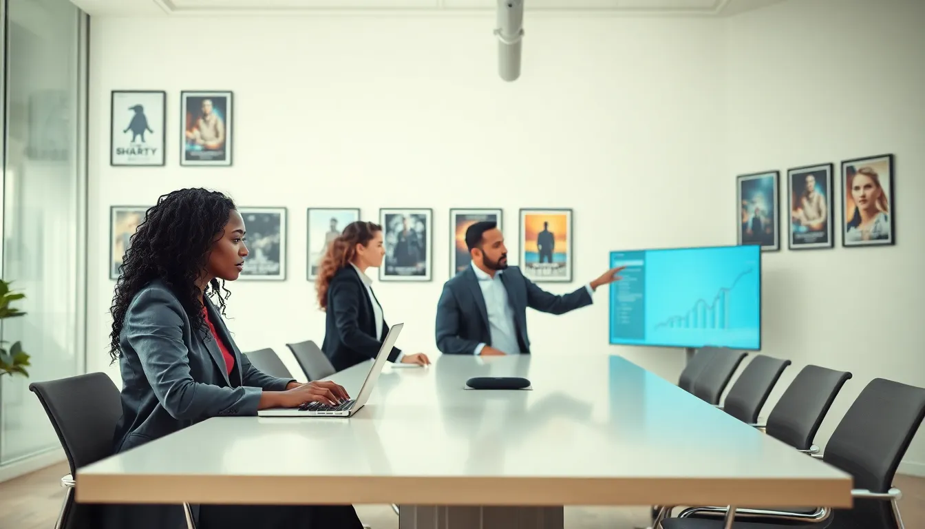 diverse team discussing movie piracy trends in a modern office.