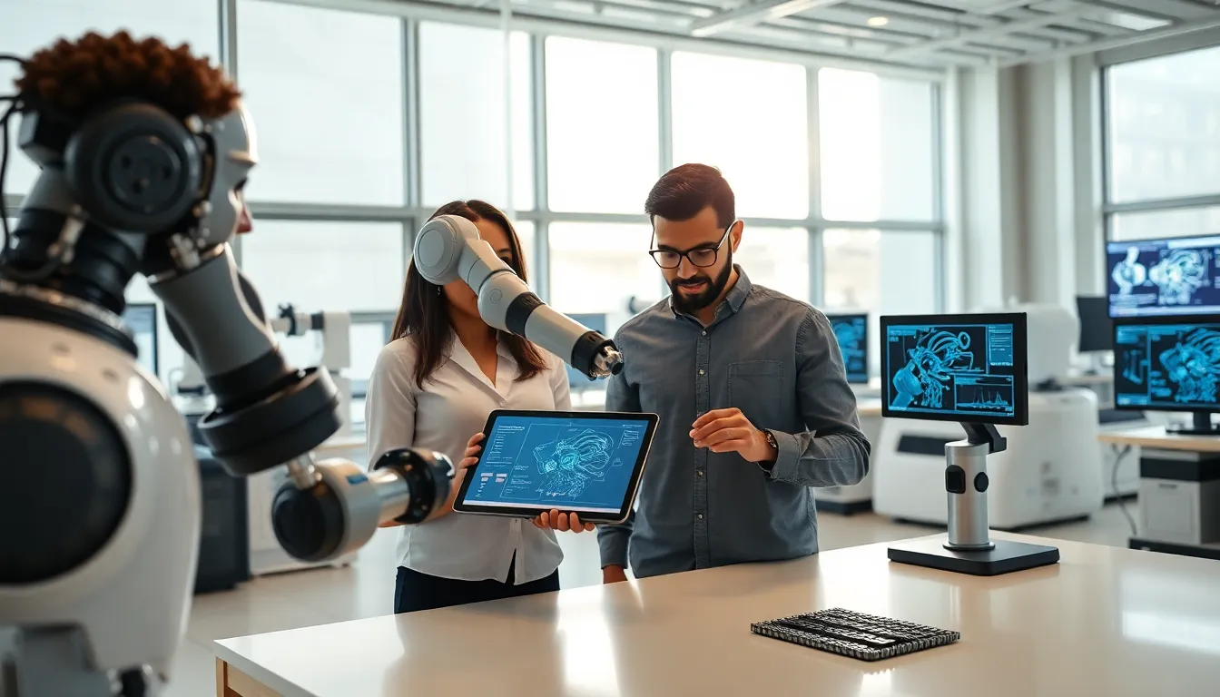 diverse engineers working in a high-tech robotics laboratory.