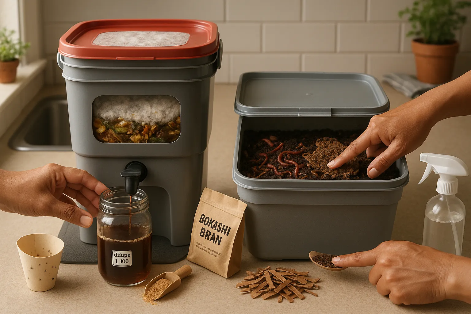Hands draining bokashi tea and inspecting vermicompost worms on a countertop.