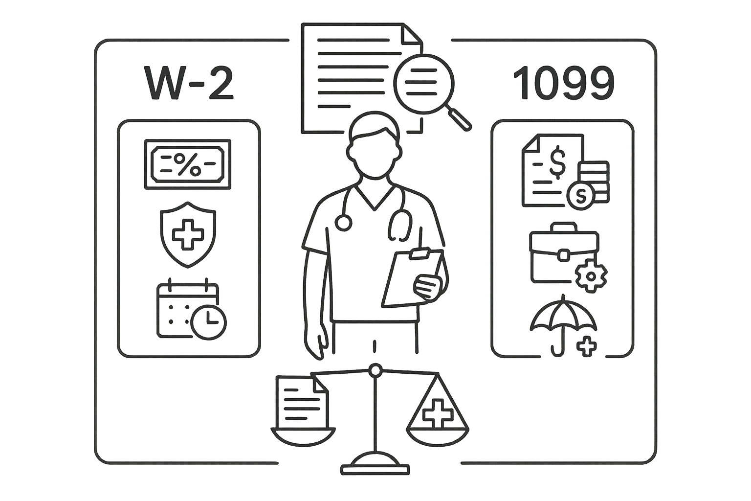 PA standing between W‑2 and 1099 panels with comparative icons of W2 Vs 1099 For Physician Assistants.