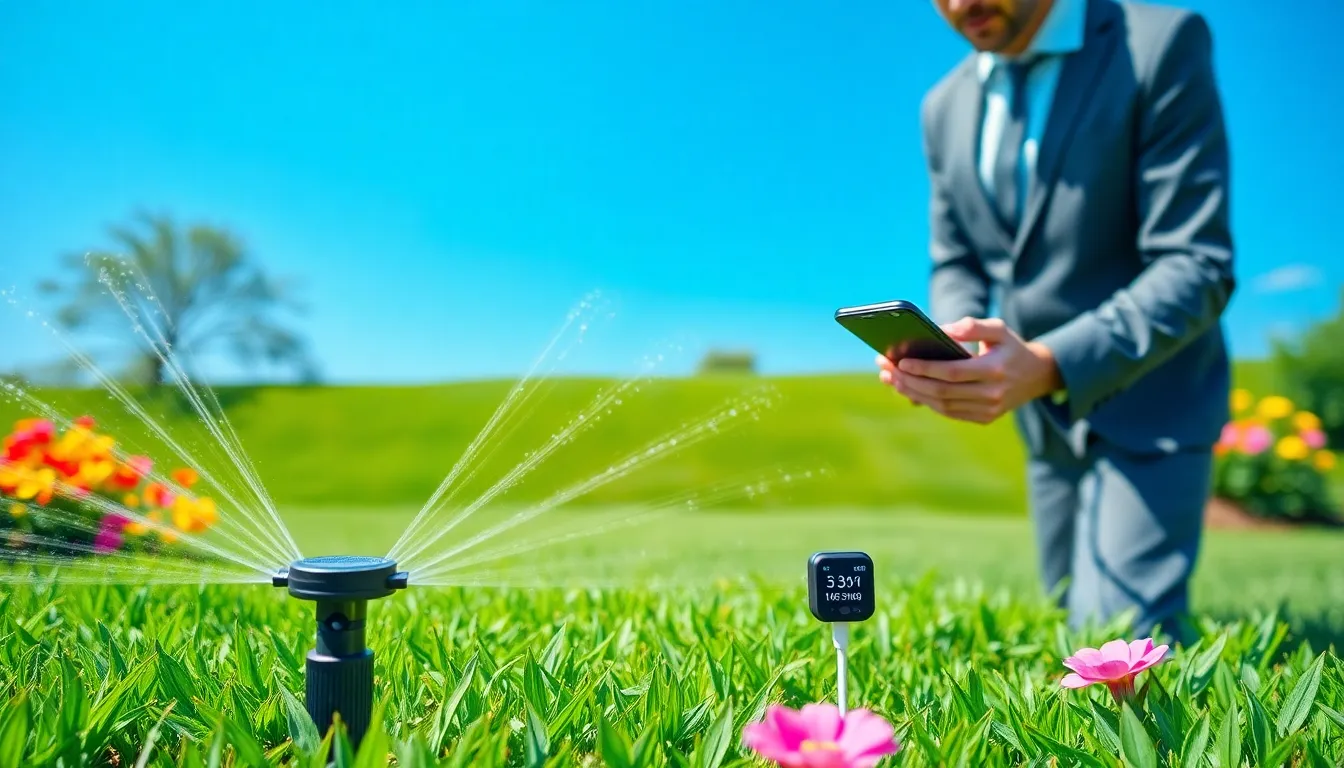 man inspecting a smart irrigation system in a lush garden.