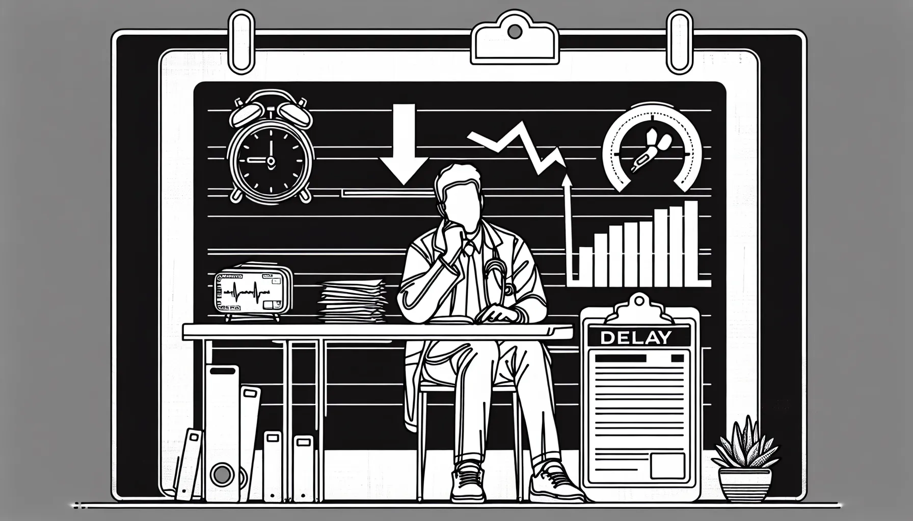 Physician waiting at a desk with delayed paycheck, credentialing forms, and RVU gauge.