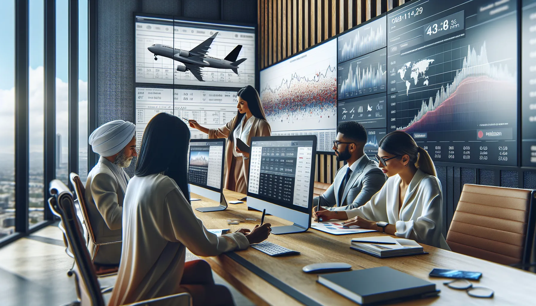 diverse team analyzing travel booking trends in a modern office.