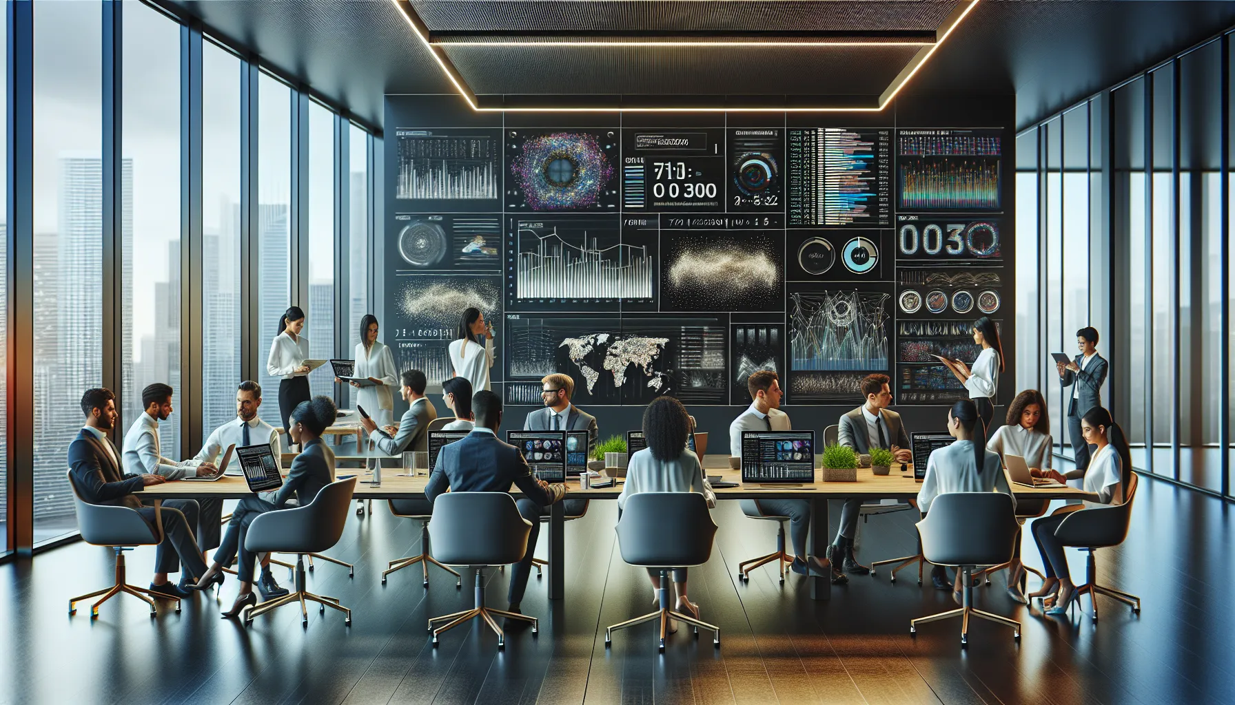 diverse professionals analyzing data in a modern office setting.