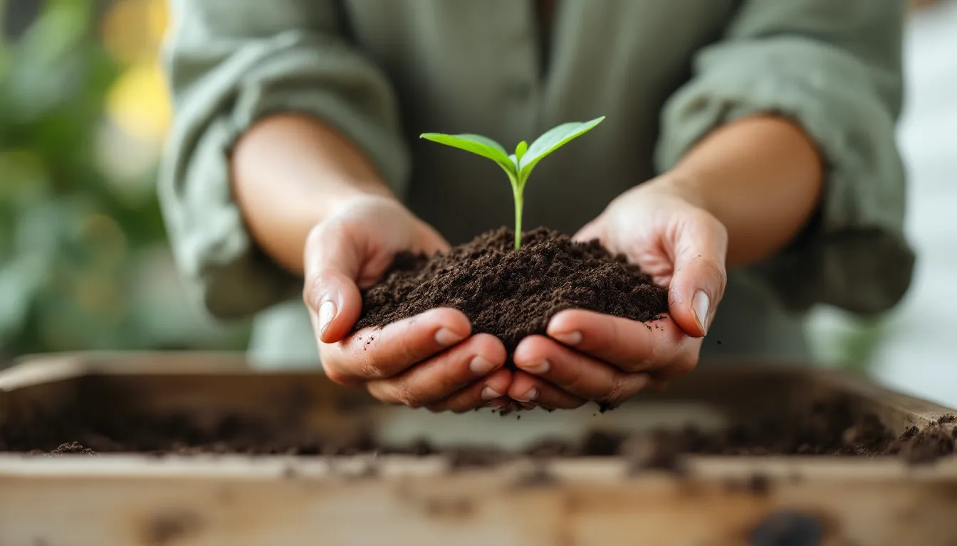 Open hands gently releasing soil with a small seedling into a sunlit planter.
