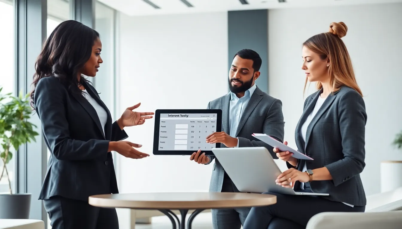 professionals discussing an interest only mortgage payment calculator in a modern office.