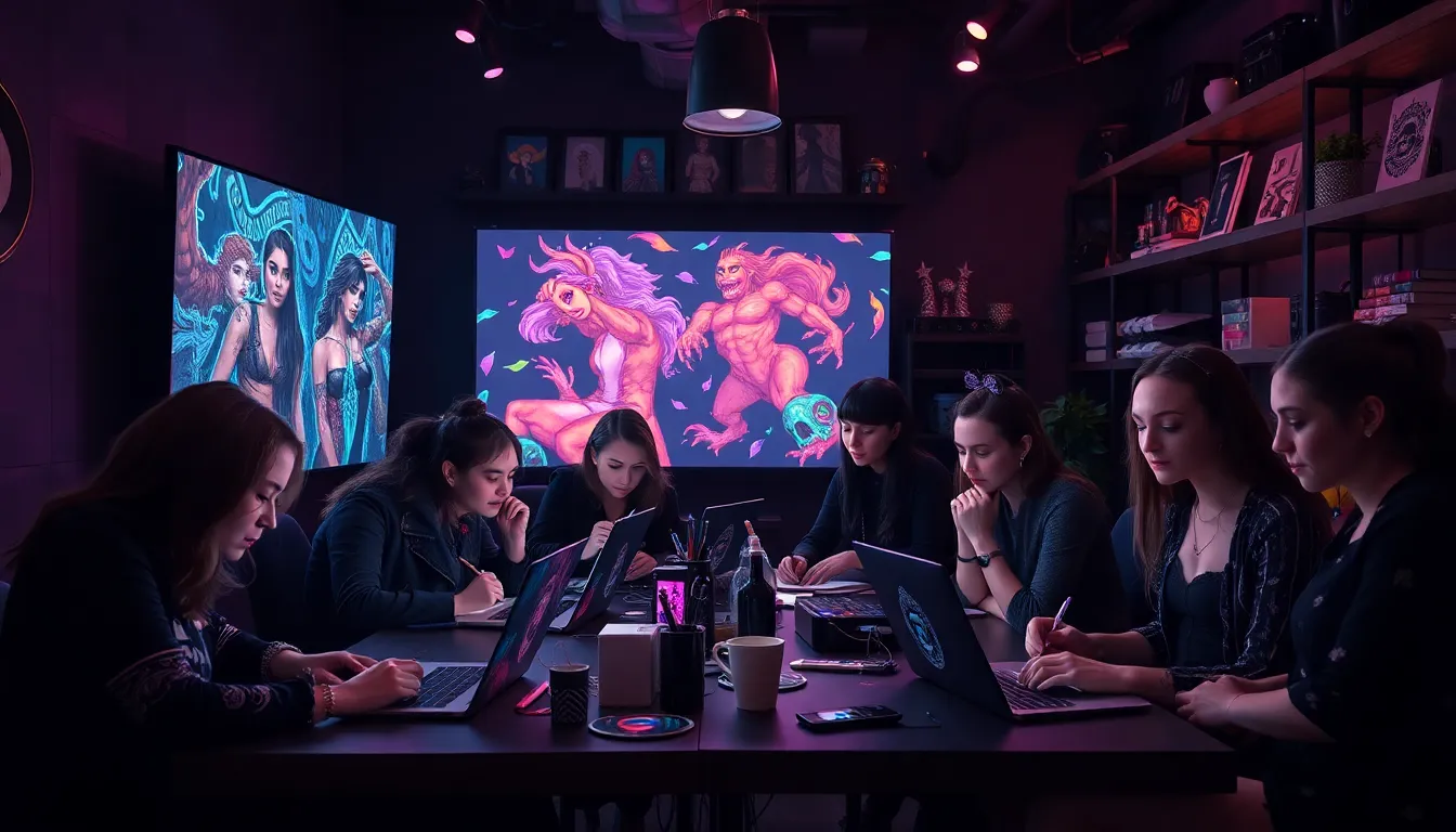 diverse group of artists in a modern, gothic-inspired studio.