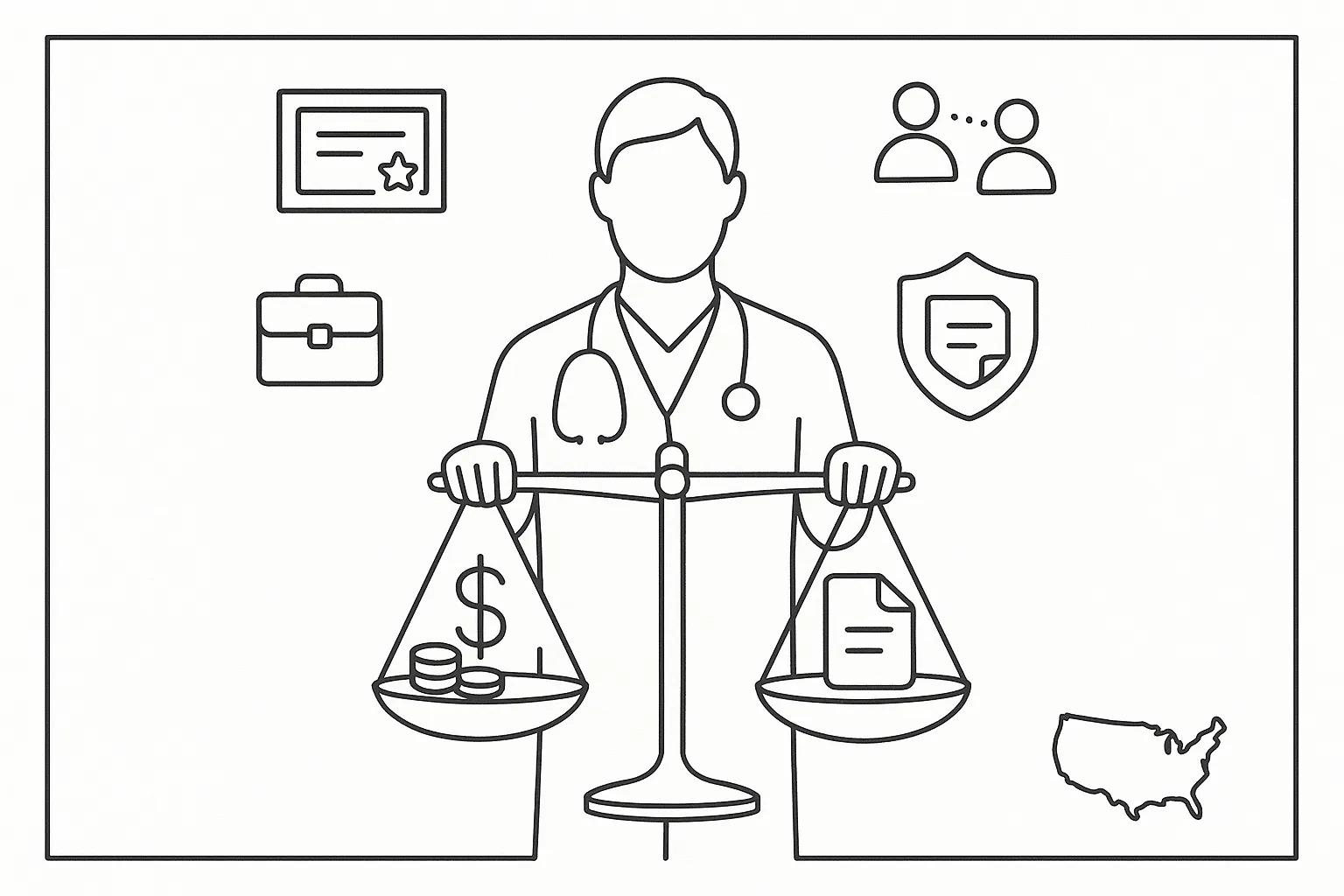 Physician assistant holding scales showing money, insurance, license, career, supervision icons.