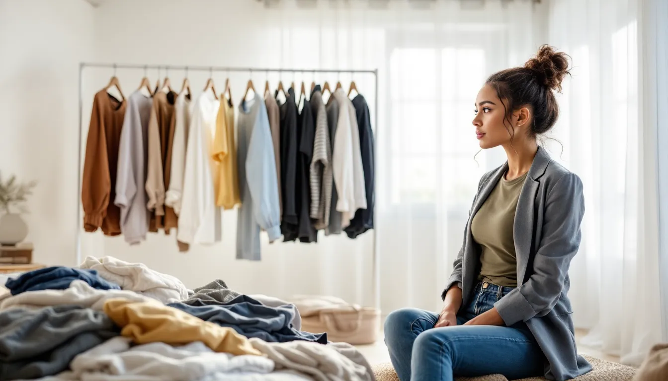 Woman sorting clothing into piles on a bed during a closet audit.