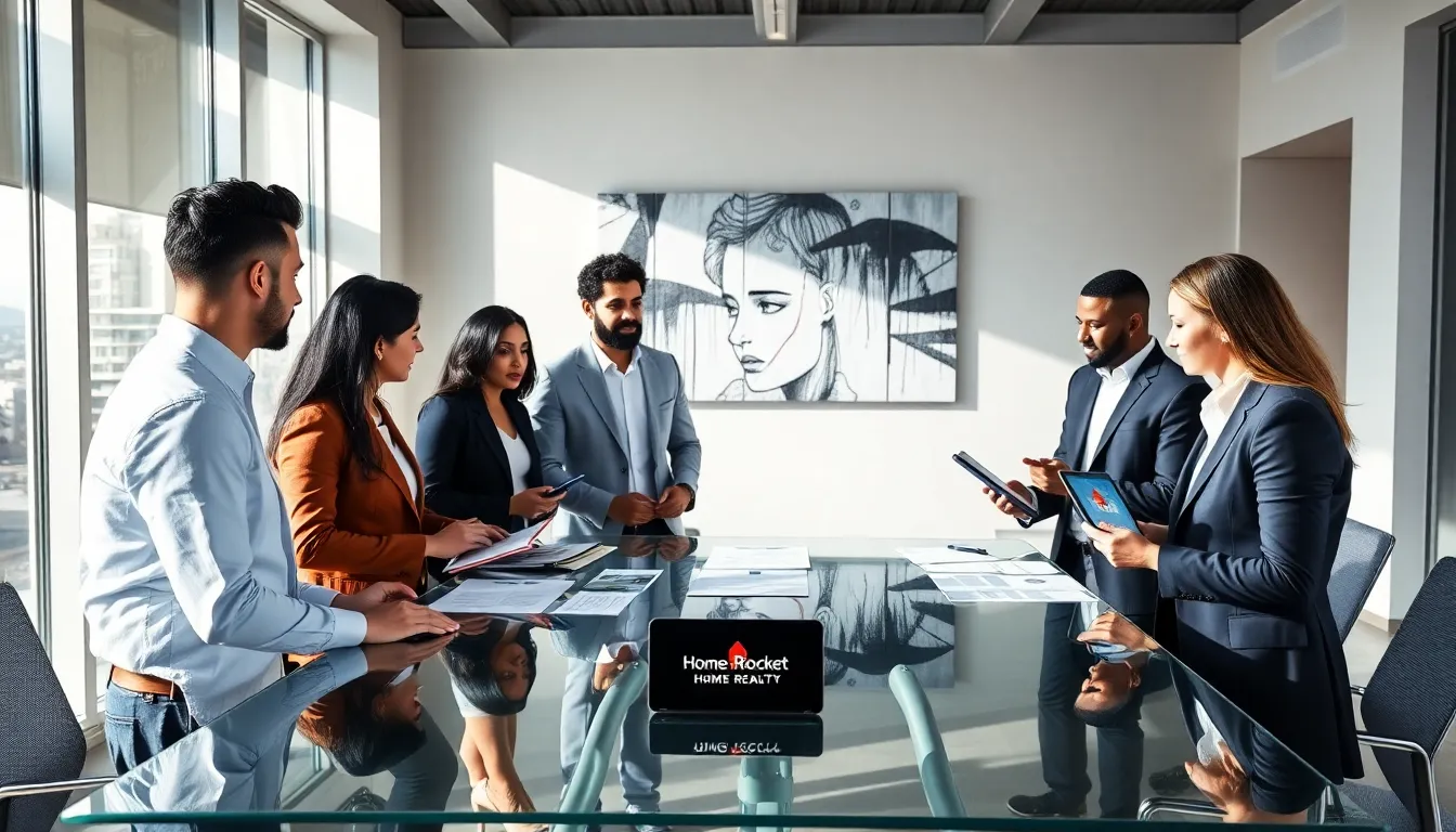diverse team in a modern real estate office meeting.