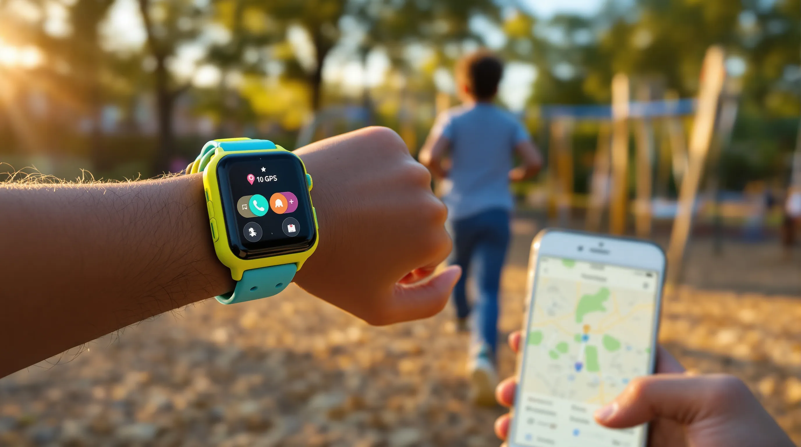 Close-up of a kid’s smartwatch with GPS and parental controls at a playground.