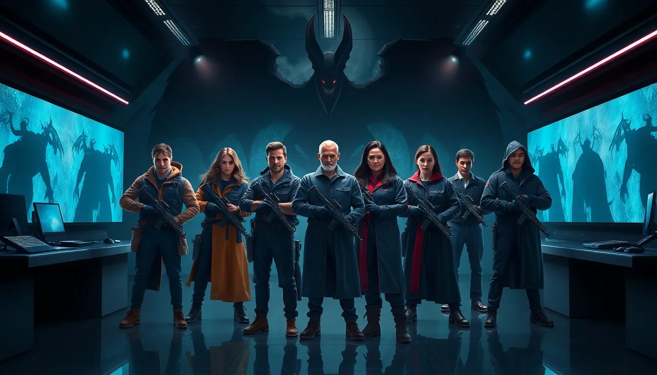 diverse team of Daemonhunters strategizing in a high-tech war room.