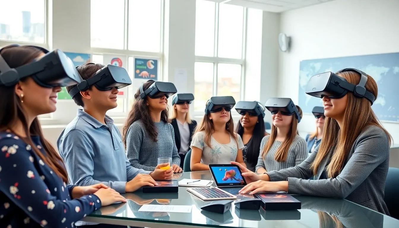 students using VR headsets in a modern classroom.