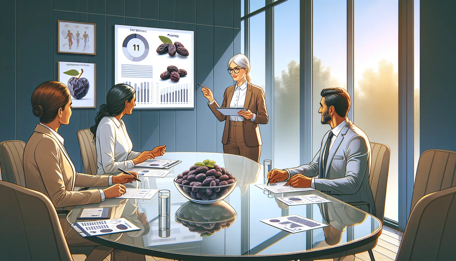 health professionals discussing prune nutrition in a modern conference room.