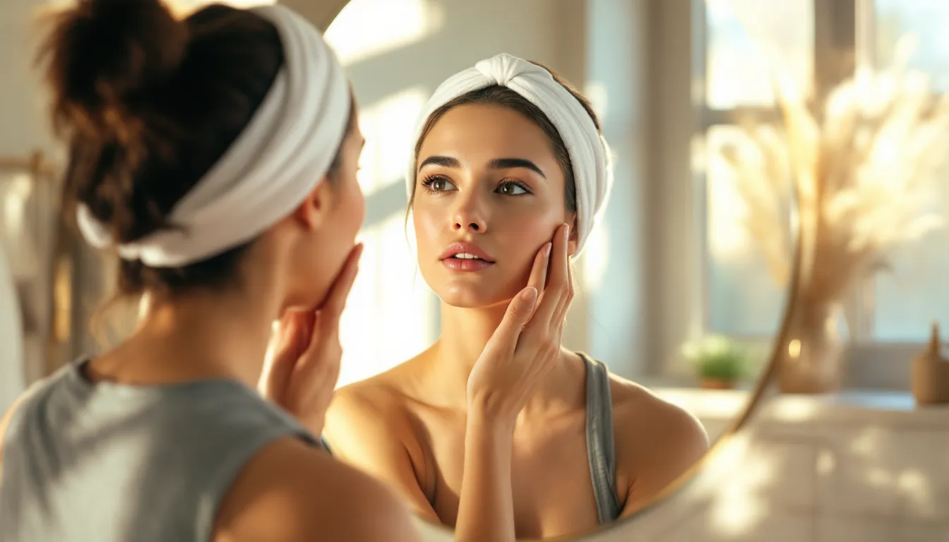 Woman examining dull, congested skin in a bathroom mirror at morning.