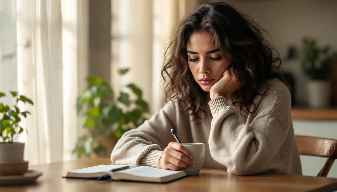 A pensive woman sits at a kitchen table lost in self-reflective thought at dawn.
