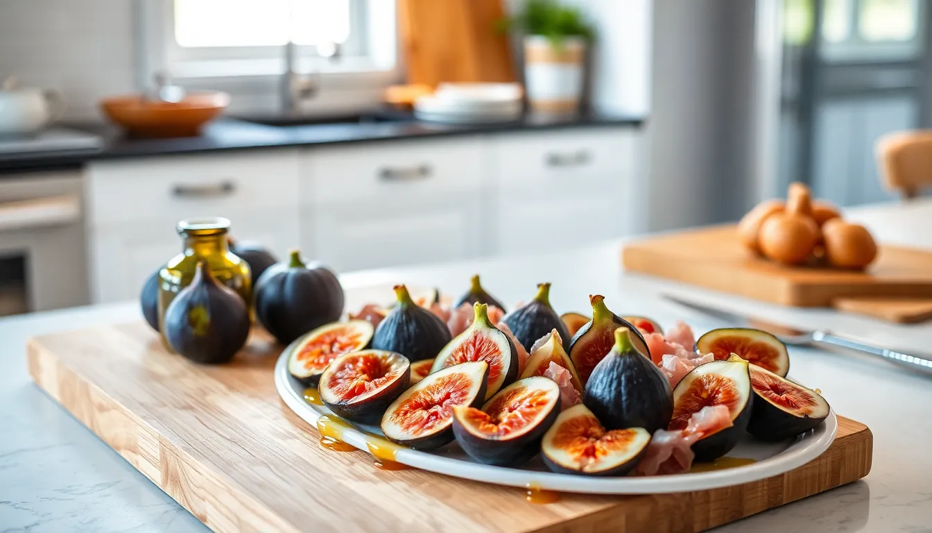 A platter of sladkoesolnishko with figs and prosciutto in a bright kitchen.