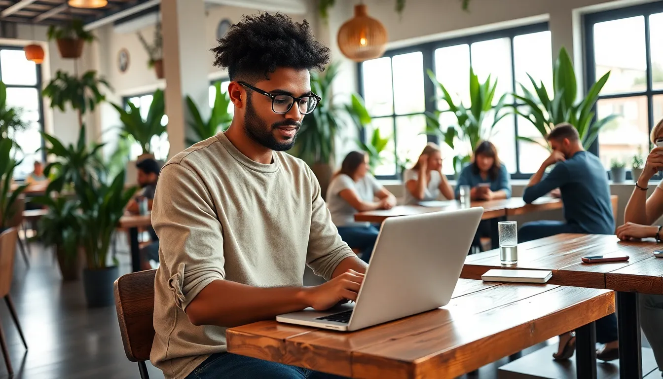 digital nomad working in a cozy café setting.