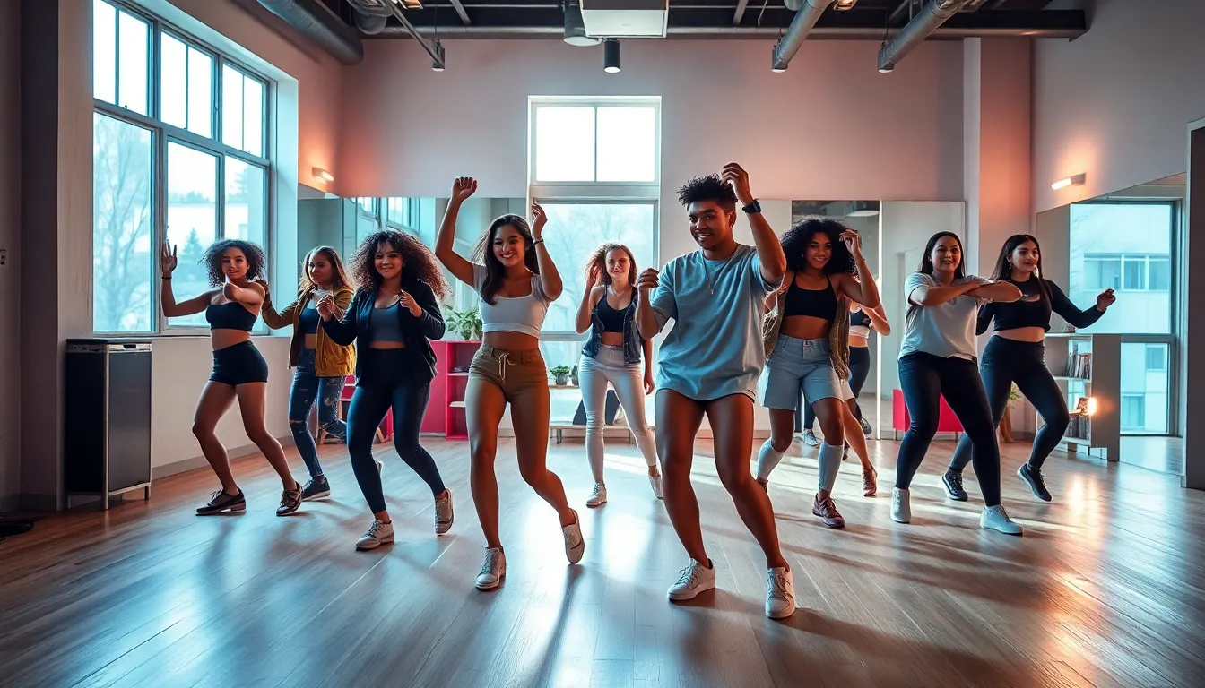diverse dancers rehearsing in a modern dance studio.