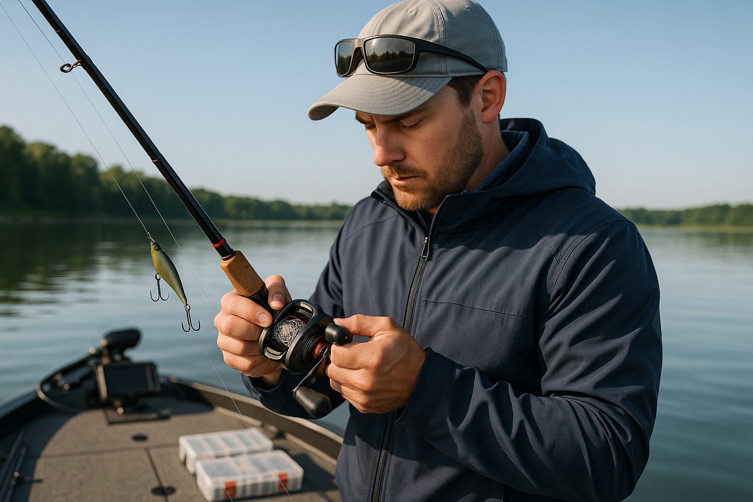 Angler fixing a tangled baitcasting reel on a bass boat.
