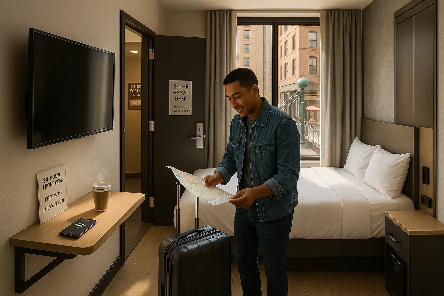 Traveler in a small, clean NYC budget hotel room by a subway entrance.