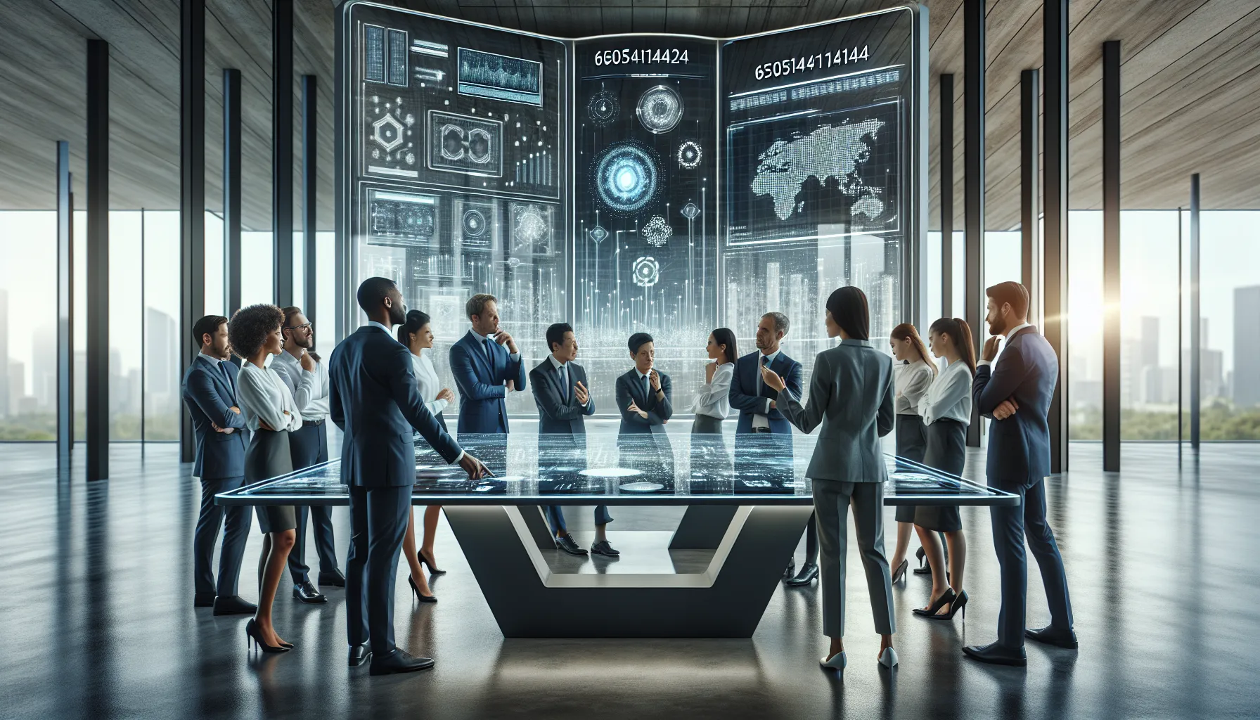 diverse professionals discussing digital data in a modern office.