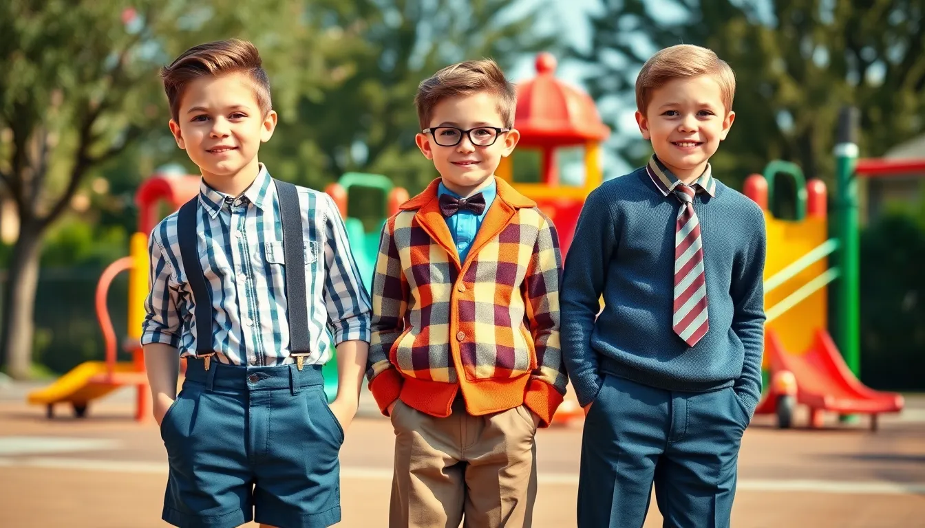 three boys in 1950s fashion at a playground.