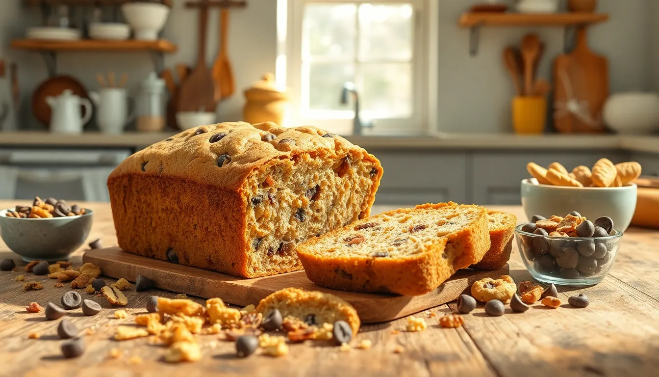 a loaf of Cookiesforlove bread on a rustic table with toppings.