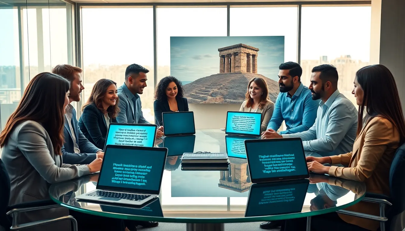 professionals discussing AI and biblical themes in a modern office.