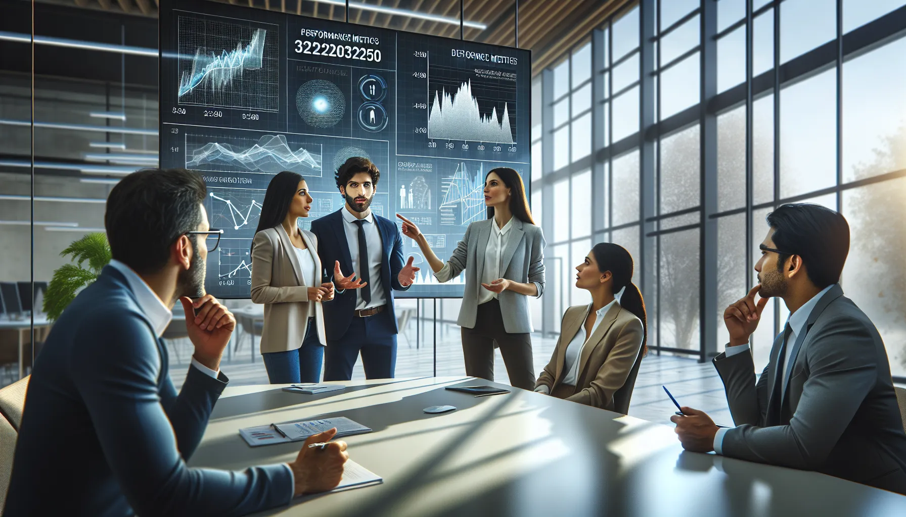 diverse team discussing data analysis in a modern office.