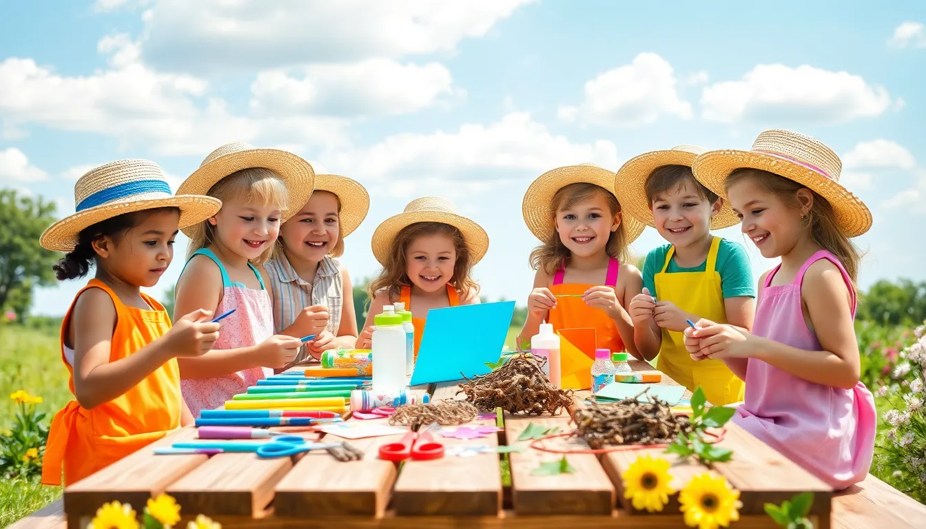 children happily crafting outdoors in summer sunshine.