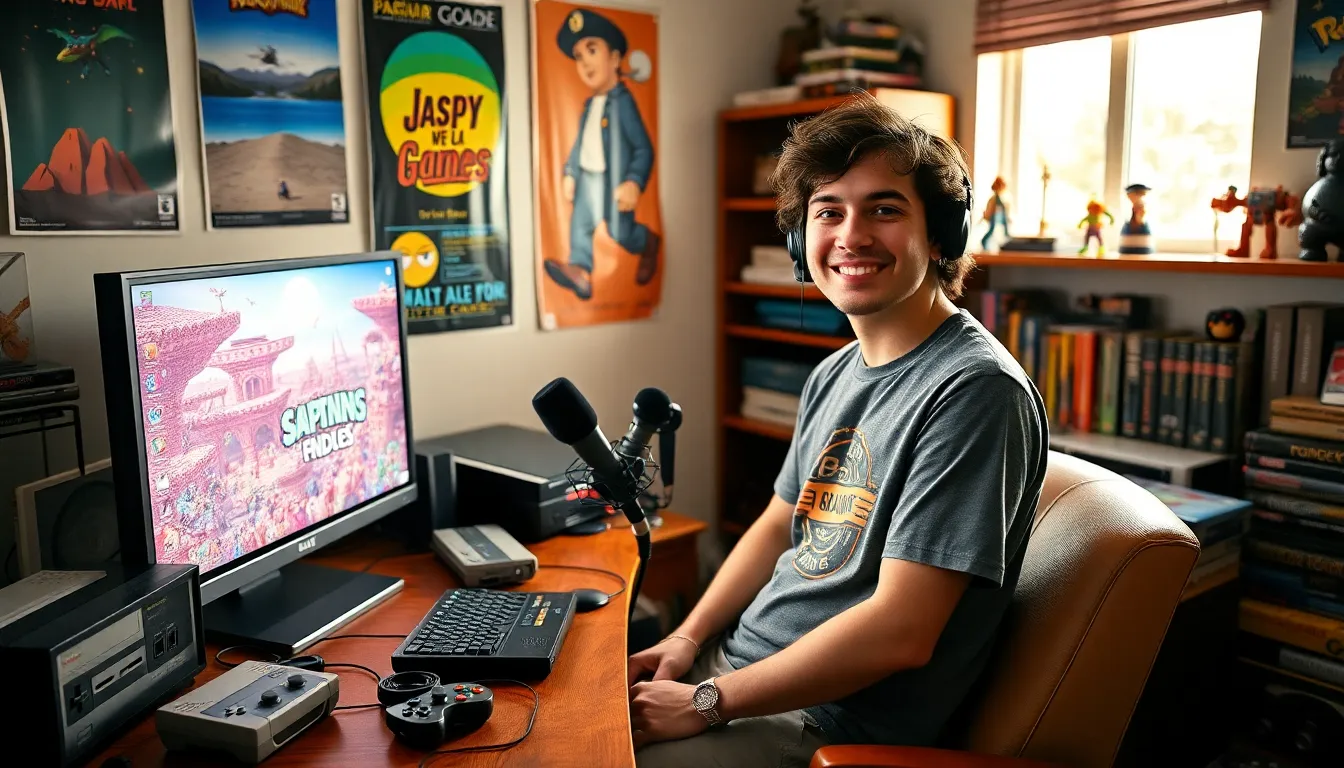 Larry Nando in his gaming room with consoles and posters.