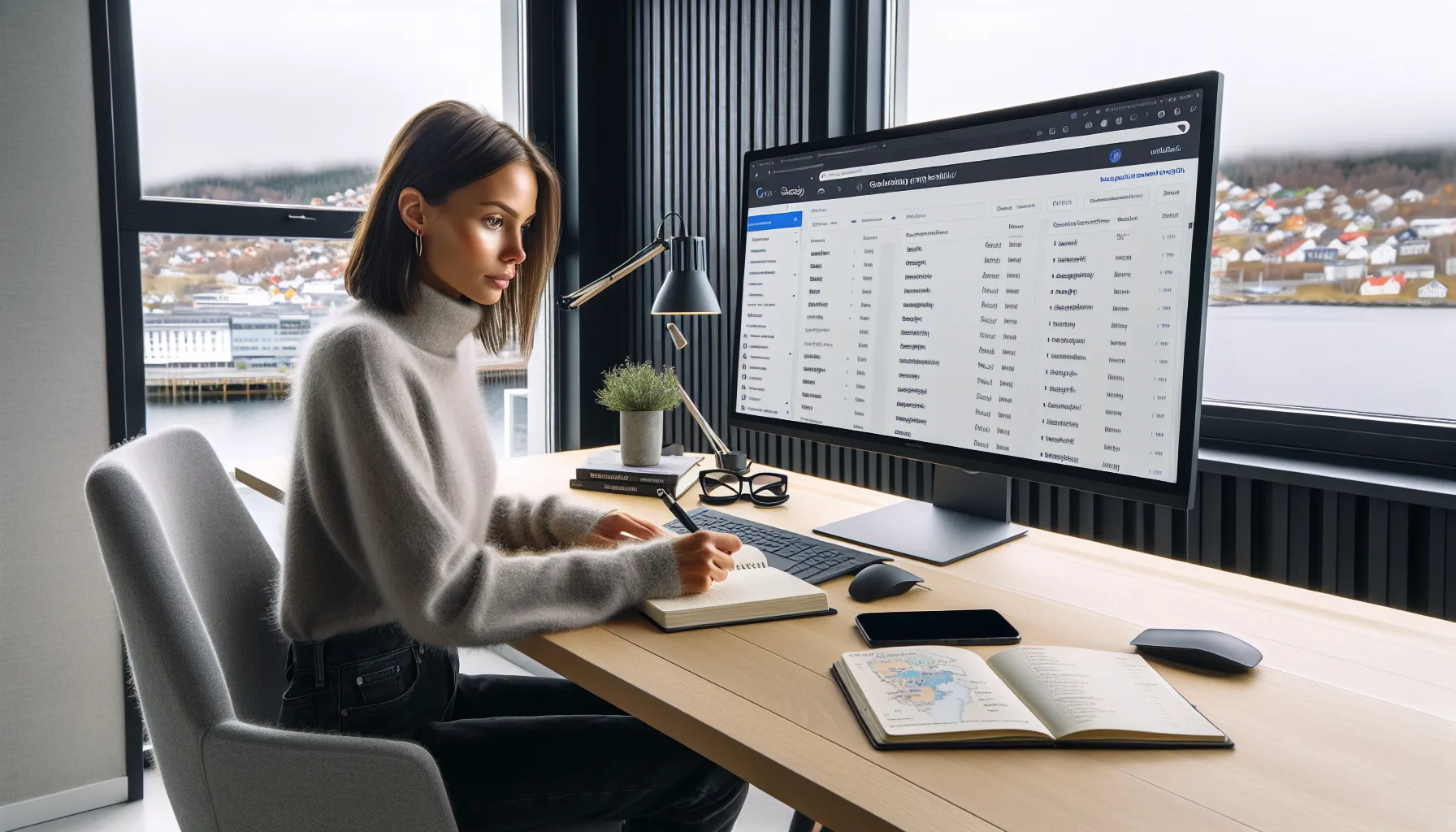 Norwegian marketer analyzing travel seo keywords on a computer in a modern office.