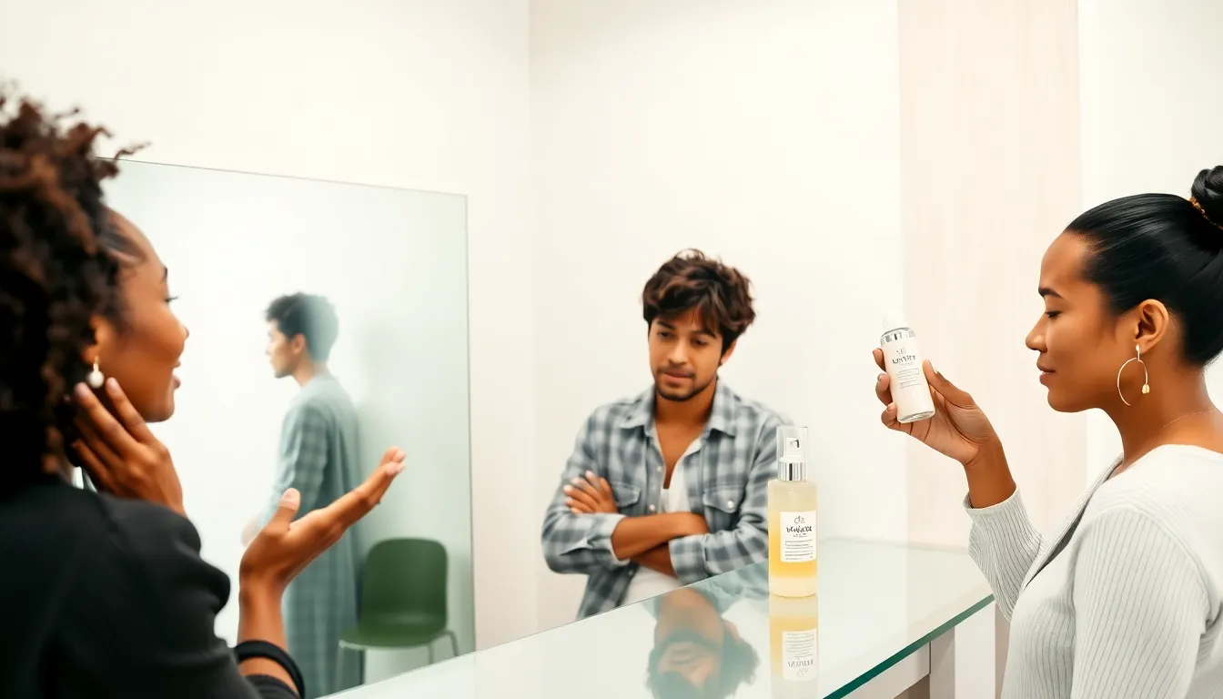 three celebrities using skincare products in a modern studio.