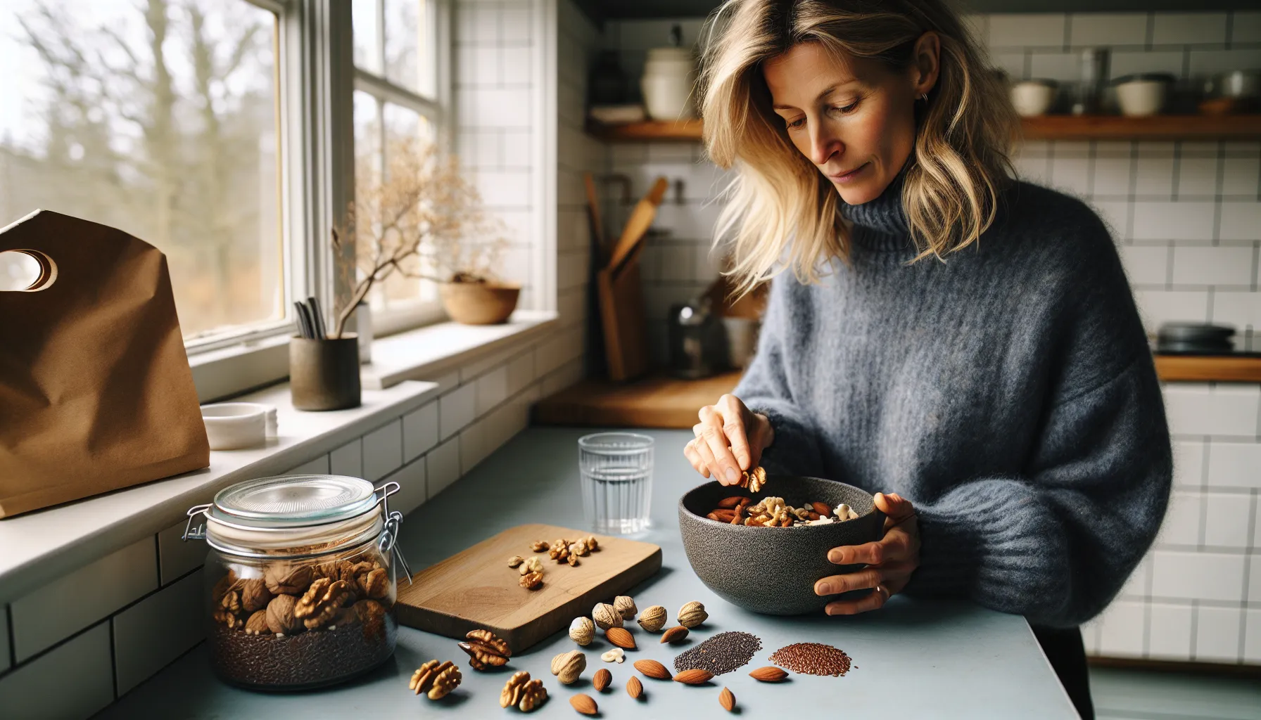 Fordelene med å spise mer nøtter og frø 3 Norwegian woman holds mixed nuts and seeds over a bowl in daylight.