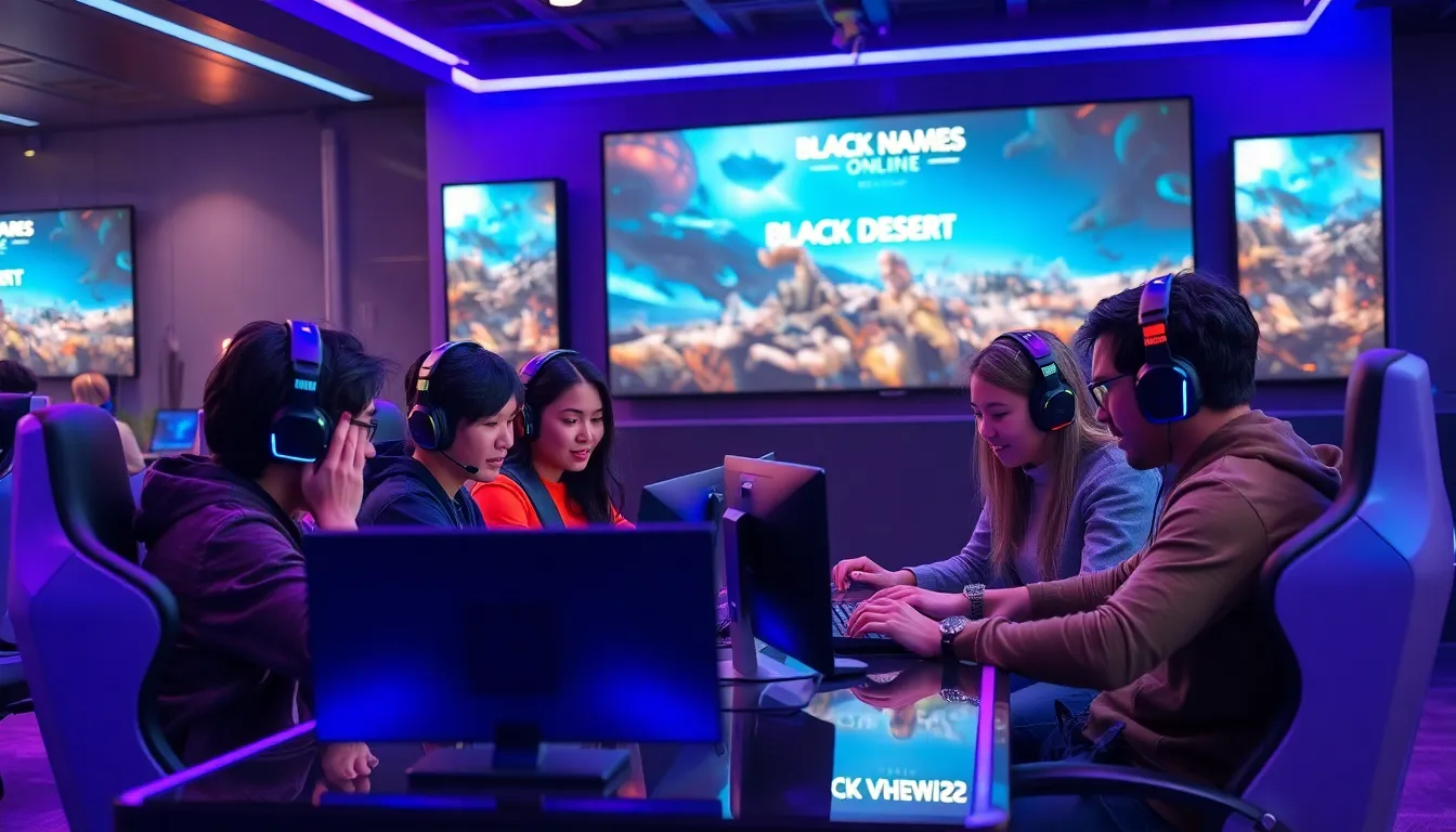 diverse gamers in a modern gaming lounge playing Black Desert Online.