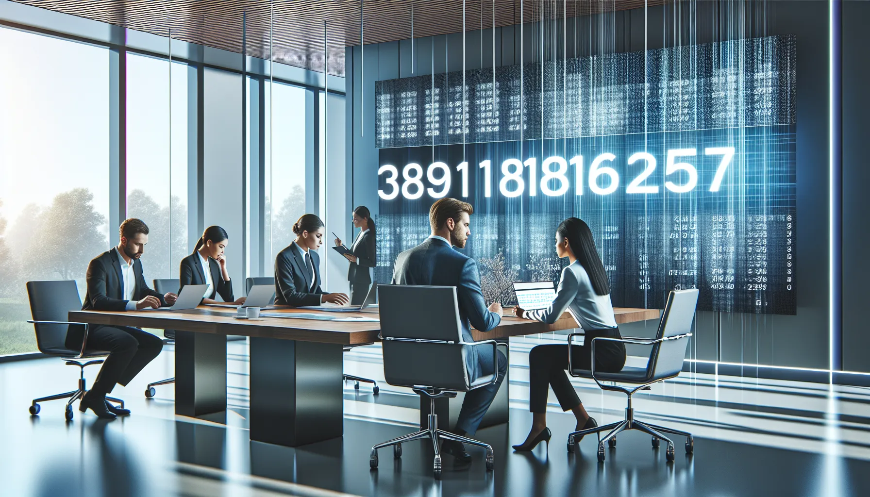 diverse team discussing numerical data in a modern office.