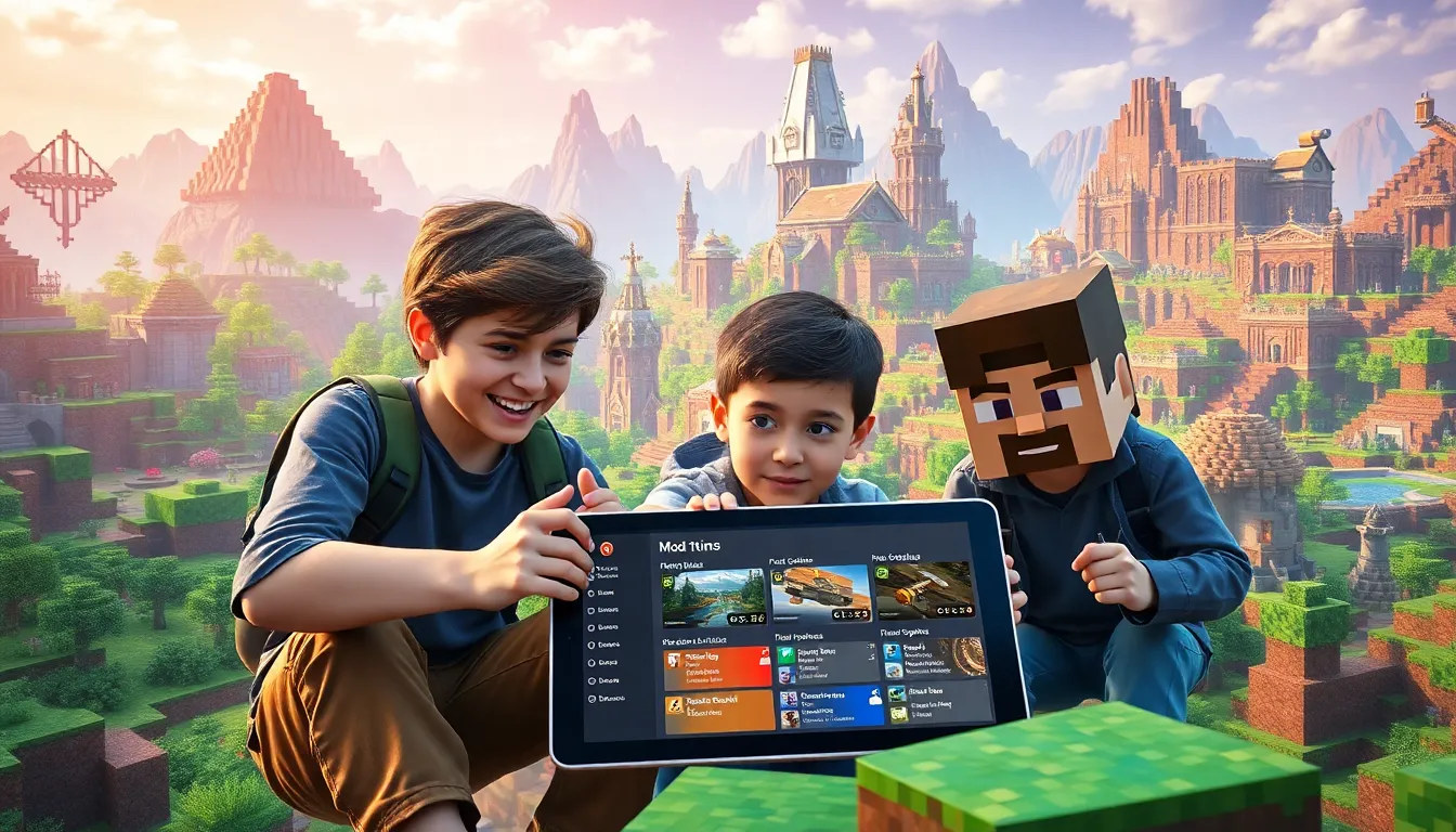 diverse gamers exploring a colorful Minecraft world on tablets.