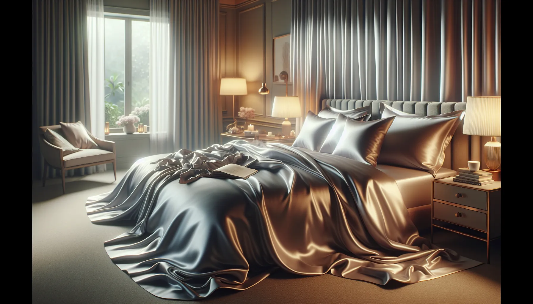 Luxurious white sateen sheets in a cozy, softly lit bedroom.