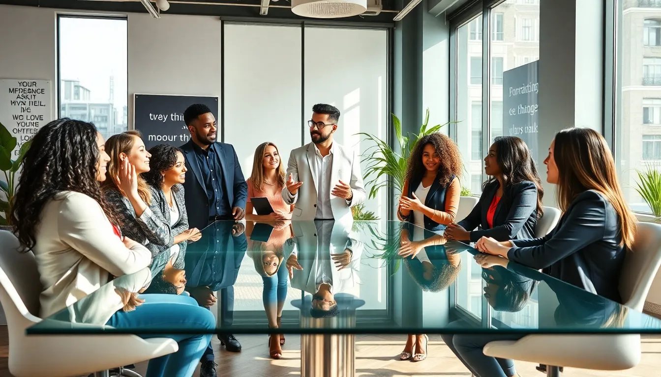 diverse team collaborating in a modern office setting.
