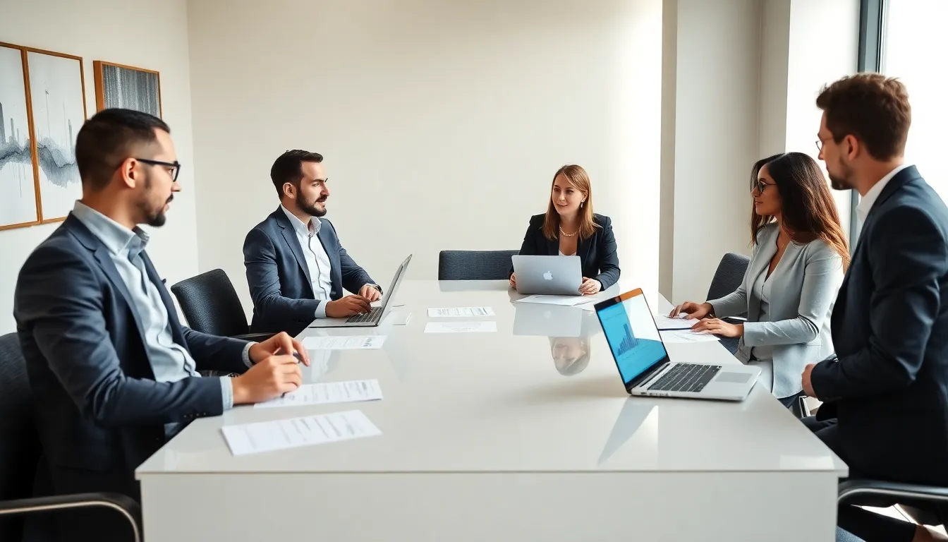 diverse professionals discussing debt collection strategies in a modern office.