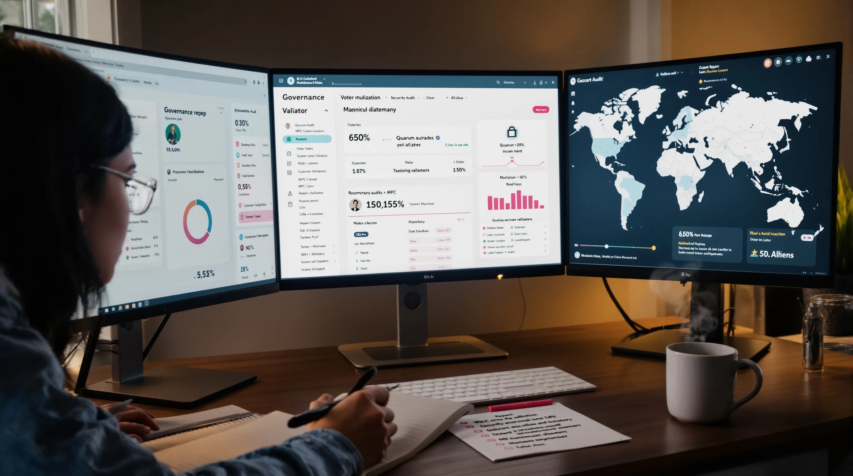 Analyst reviews audits, governance, and validator maps on monitors in a home office.