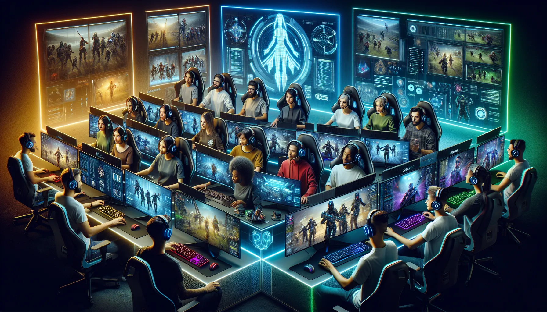 diverse gamers collaborating around high-tech gaming setups.