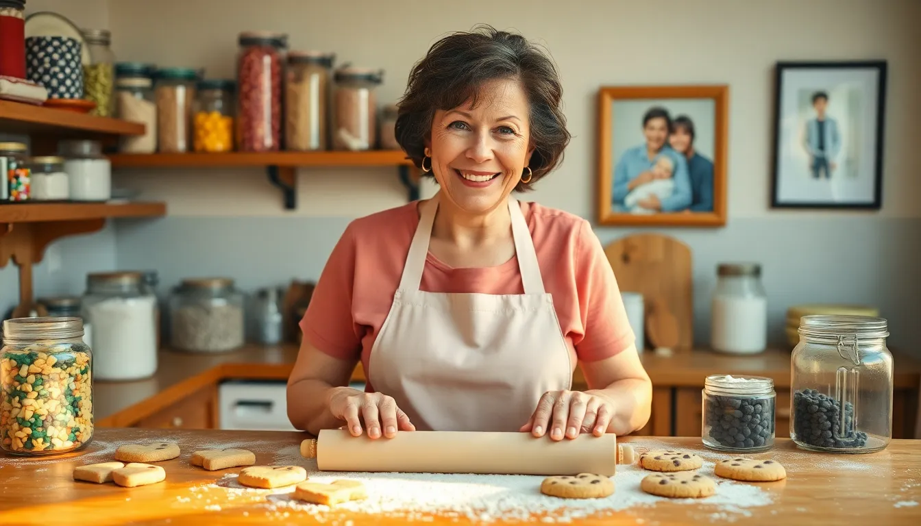 a woman baking cookies in a warm, inviting kitchen.