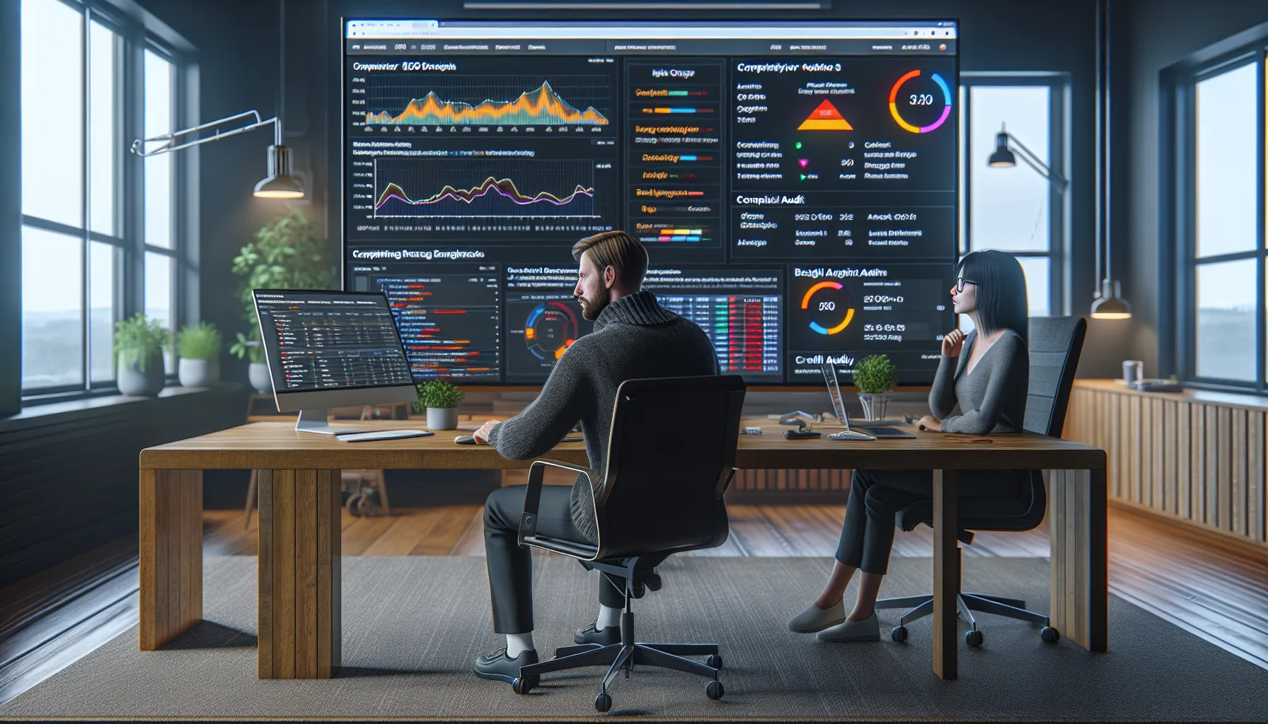 Seo consultant in a modern norwegian office analyzing strategy and kpis with a client.